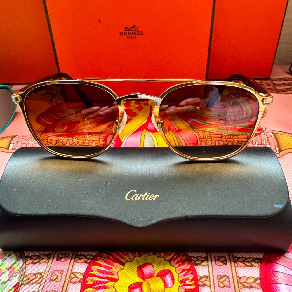 Cartier Santos de Cartier Aviator Sunglasses Gold Silver Metal Authentic